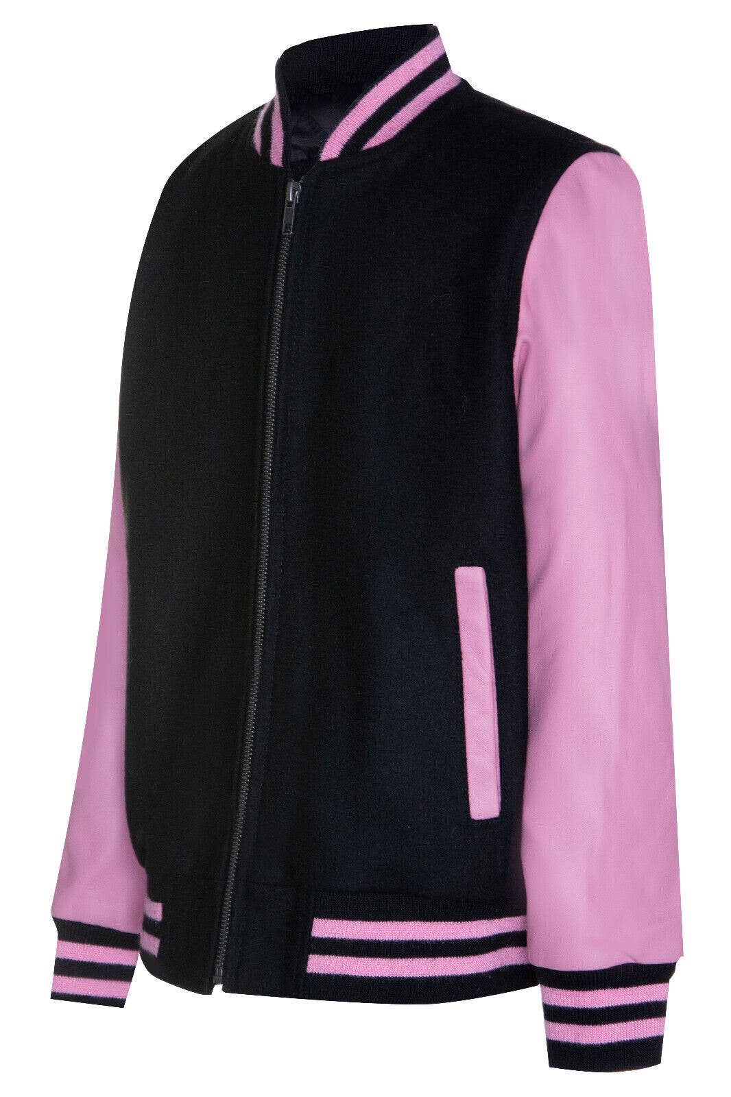 Negro con Rosa Chaqueta Bomber Varsity Negra y Rosa para Niños con Mangas de Cuero Real 3-13 años de venta al por mayor en Faire2