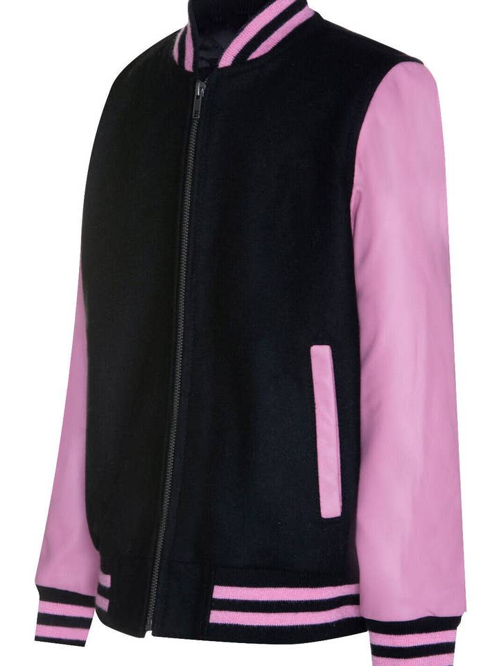 Negro con Rosa Chaqueta Bomber Varsity Negra y Rosa para Niños con Mangas de Cuero Real 3-13 años de venta al por mayor en Faire2