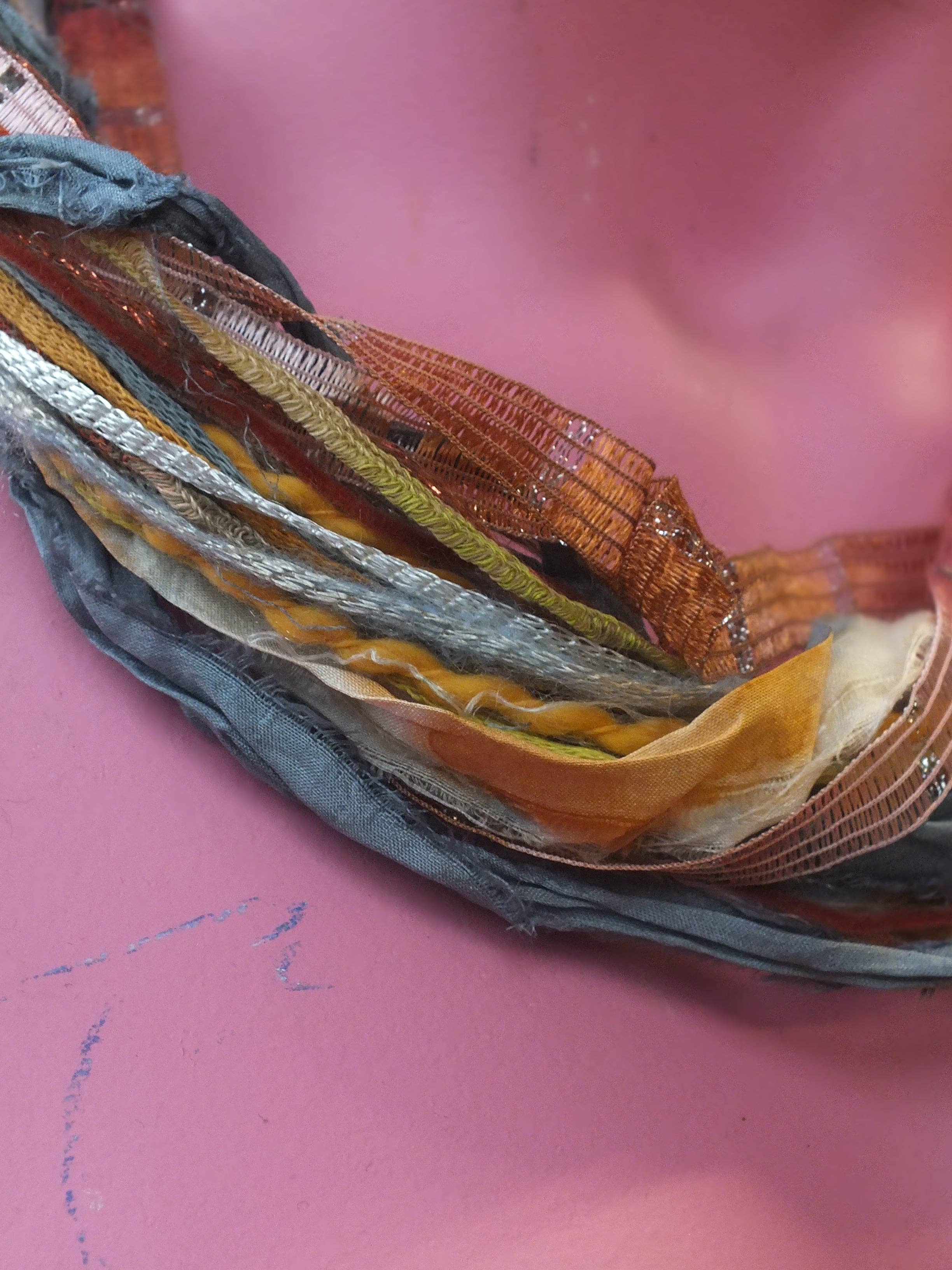 Megan Crook Textiles – wholesale Yarn – Silk Yarn Necklace in Grey Ochre1