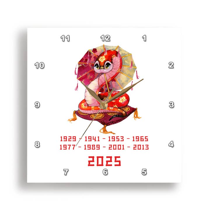 3dRose - Wholesale Wall Clock - 3dRose, Cute snake on a pillow and umbrella. Chinese Zodiac 2025. Chic gift, Wall Clock