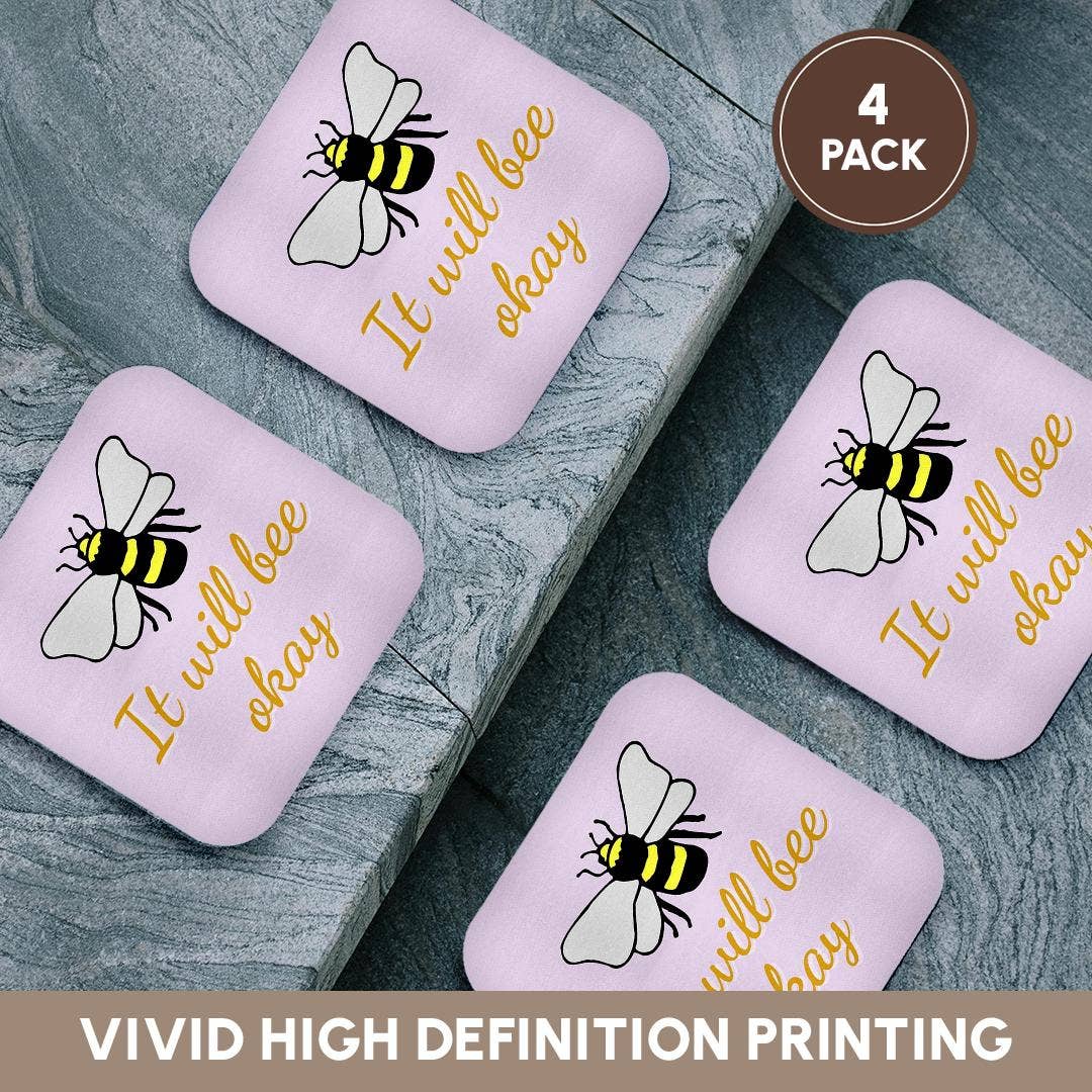 3dRose - Wholesale Coasters - 3dRose, Image of Bee with Text of It will Bee Okay, Coaster12