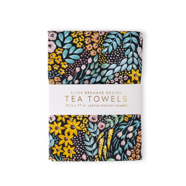 Conjunto de 2 Panos de Cozinha Pretos com Flores por atacado de Elyse Breanne Design