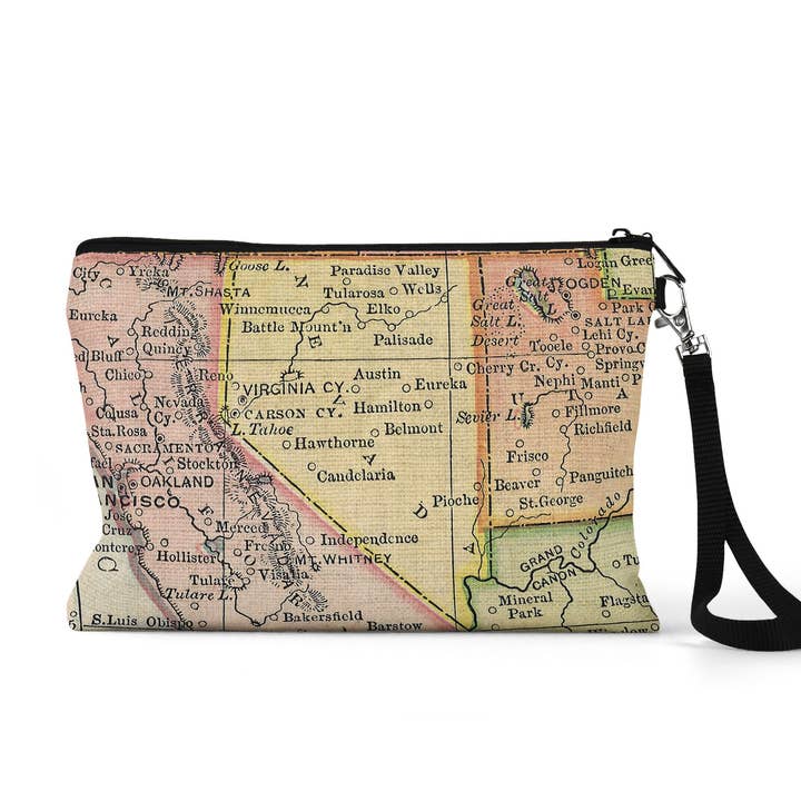 Nevada Map Wristlet Zipper Pouch Makeup Bag for wholesale by Daisy Mae Designs