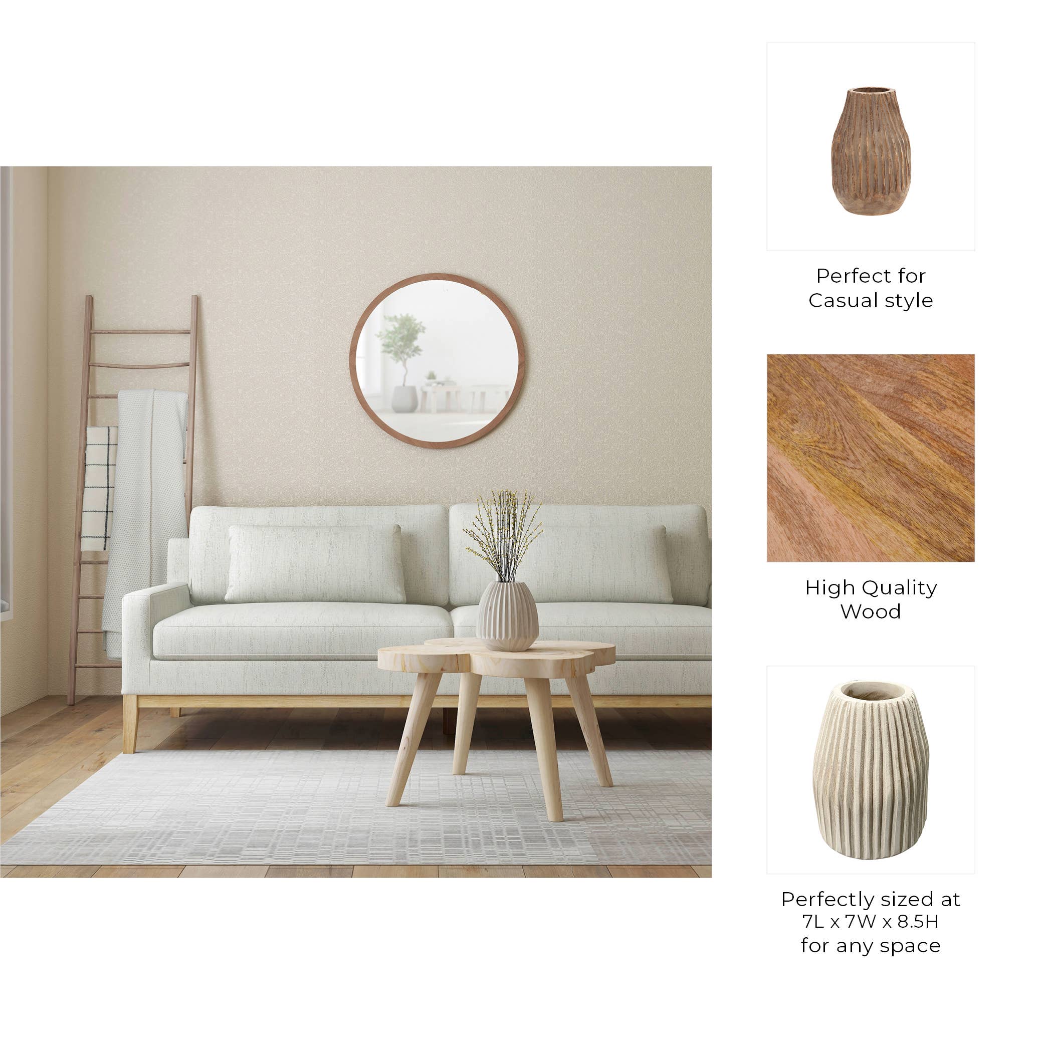 Sagebrook Home - Wholesale Vase - Decorative Vase - Ivory Wood Grooved Carved Texture, 9 in.2