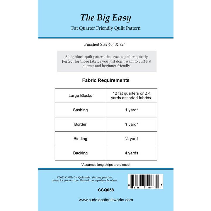 CUDDLE CAT QUILTWORKS - Wholesale Craft Sewing Kit - The Big Easy Fat Quarter Quilt Pattern5