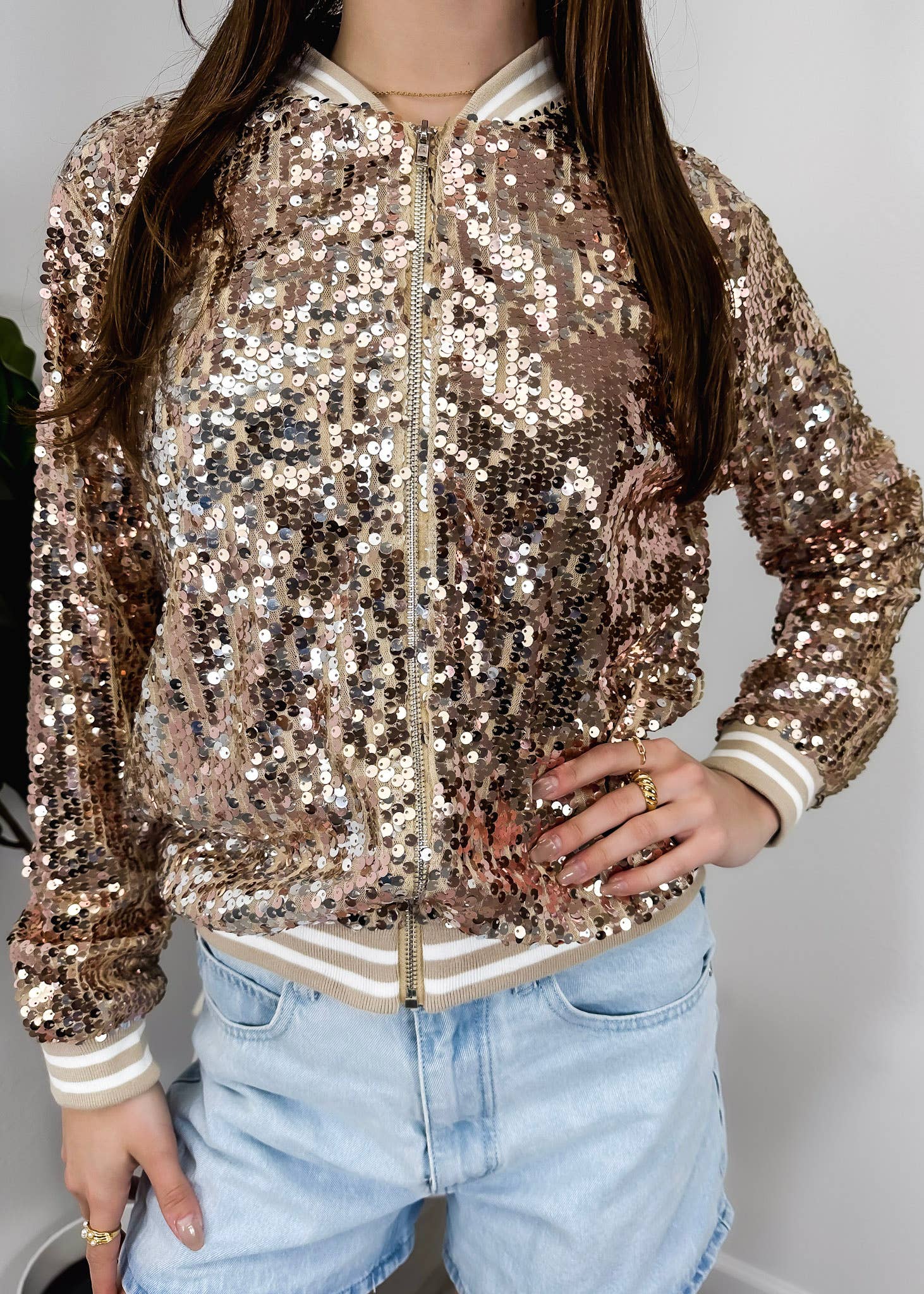 Anna Kaci Wholesale - Wholesale Varsity/Baseball Jacket - Women's - Striped Metallic Sequin Varsity Jacket54