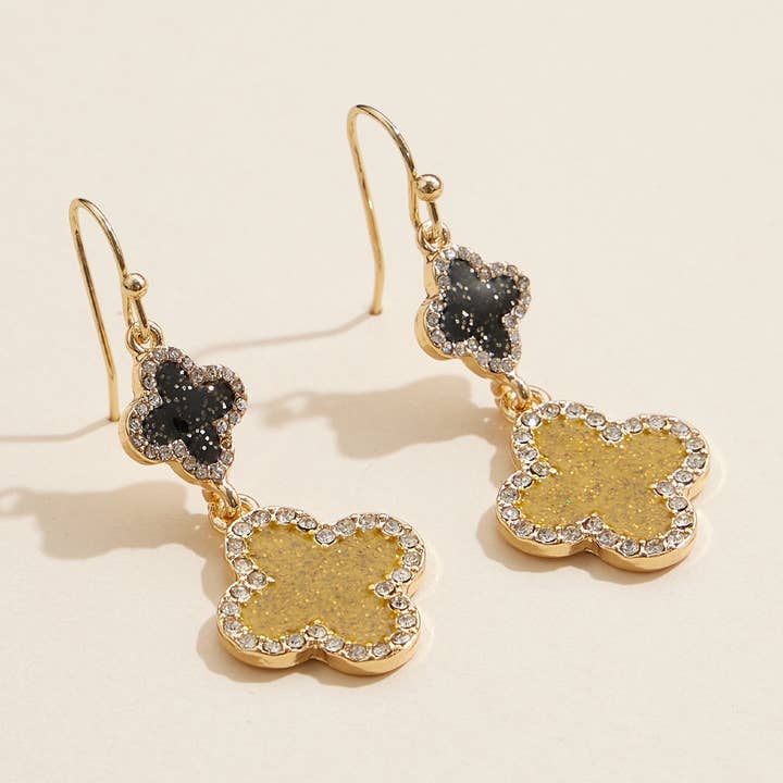 Gold & Black Mardi Gras Double Clover Drop Earrings with Rhinestone Accents for wholesale by Frem