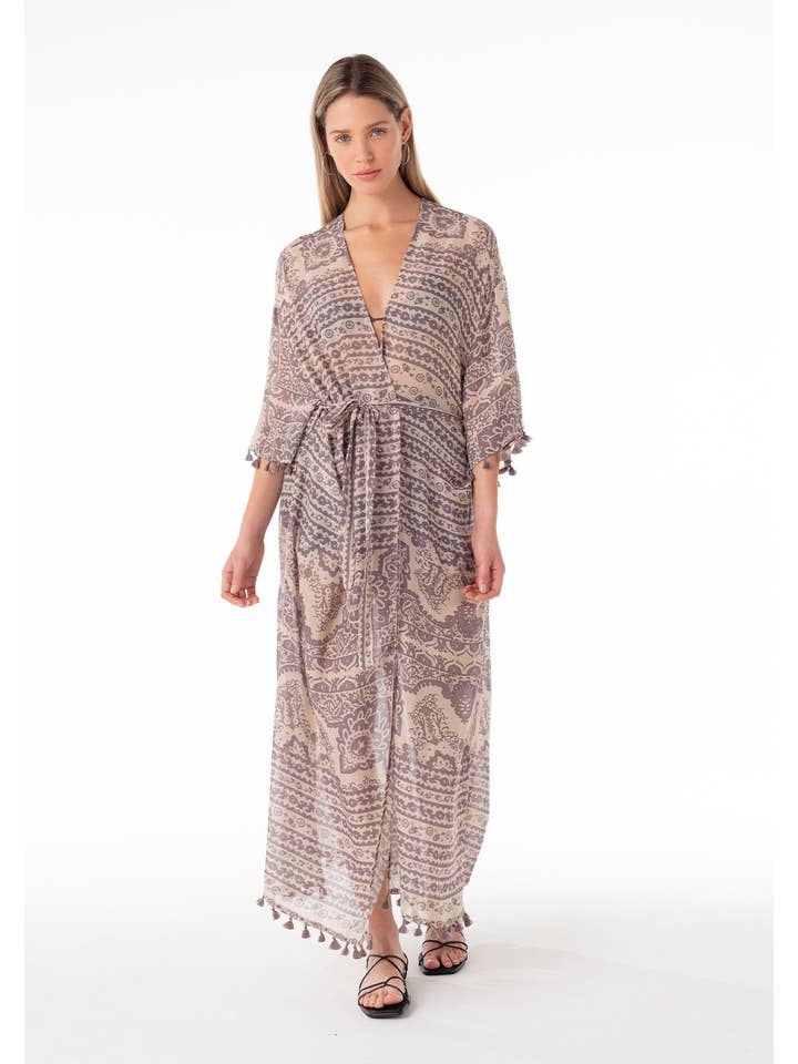 Natural Grey Sheer Printed Tie Front Maxi Kimono Robe for wholesale on Faire