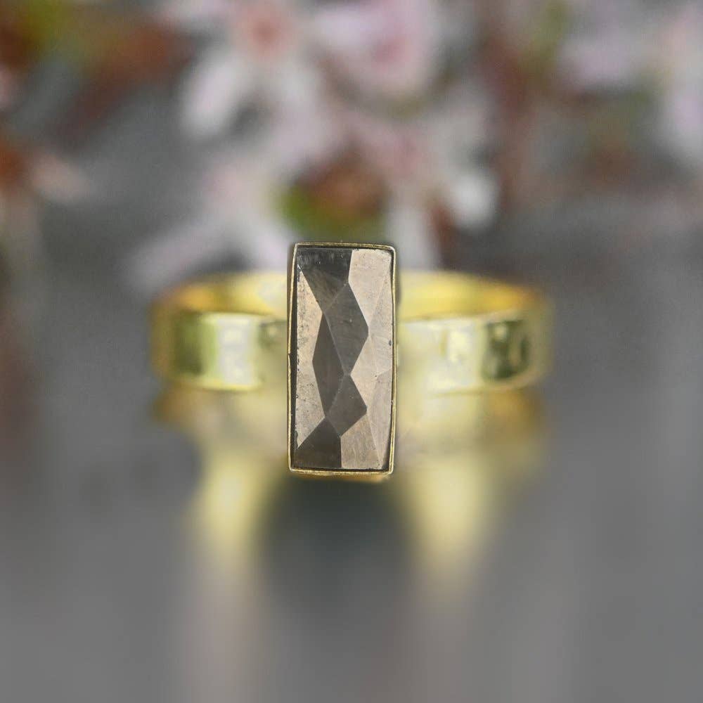 KBD Studio - Wholesale Cocktail/Statement Ring - Pyrite Rectangle   Ring on a Hand Hammered Gold Band0