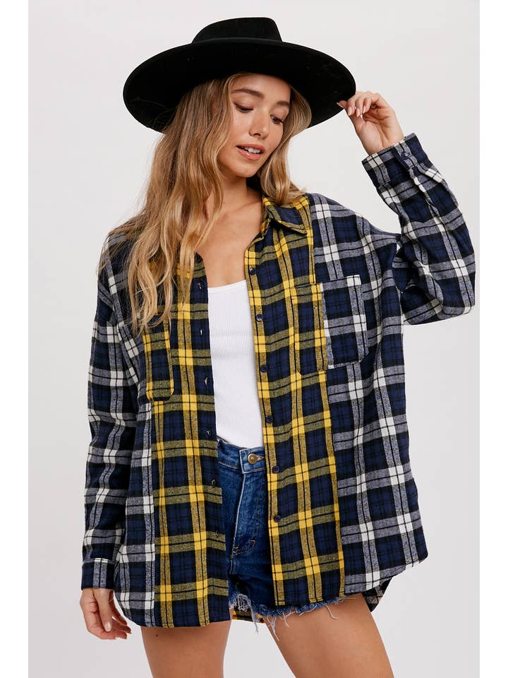 Bluivy - Wholesale Button Down Shirt - Women's - OVERSIZED COLOR BLOCK FLANNEL SHIRT