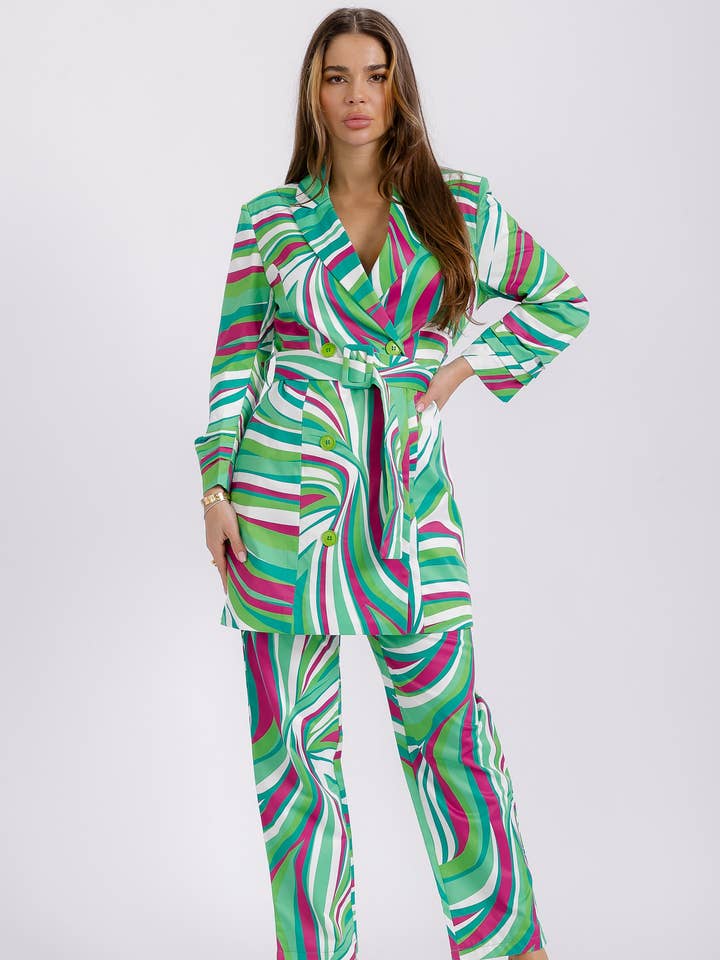 Blazer ajusté à imprimé abstrait D-6019 et pantalon large pour la vente par H&H Fashion Inc.