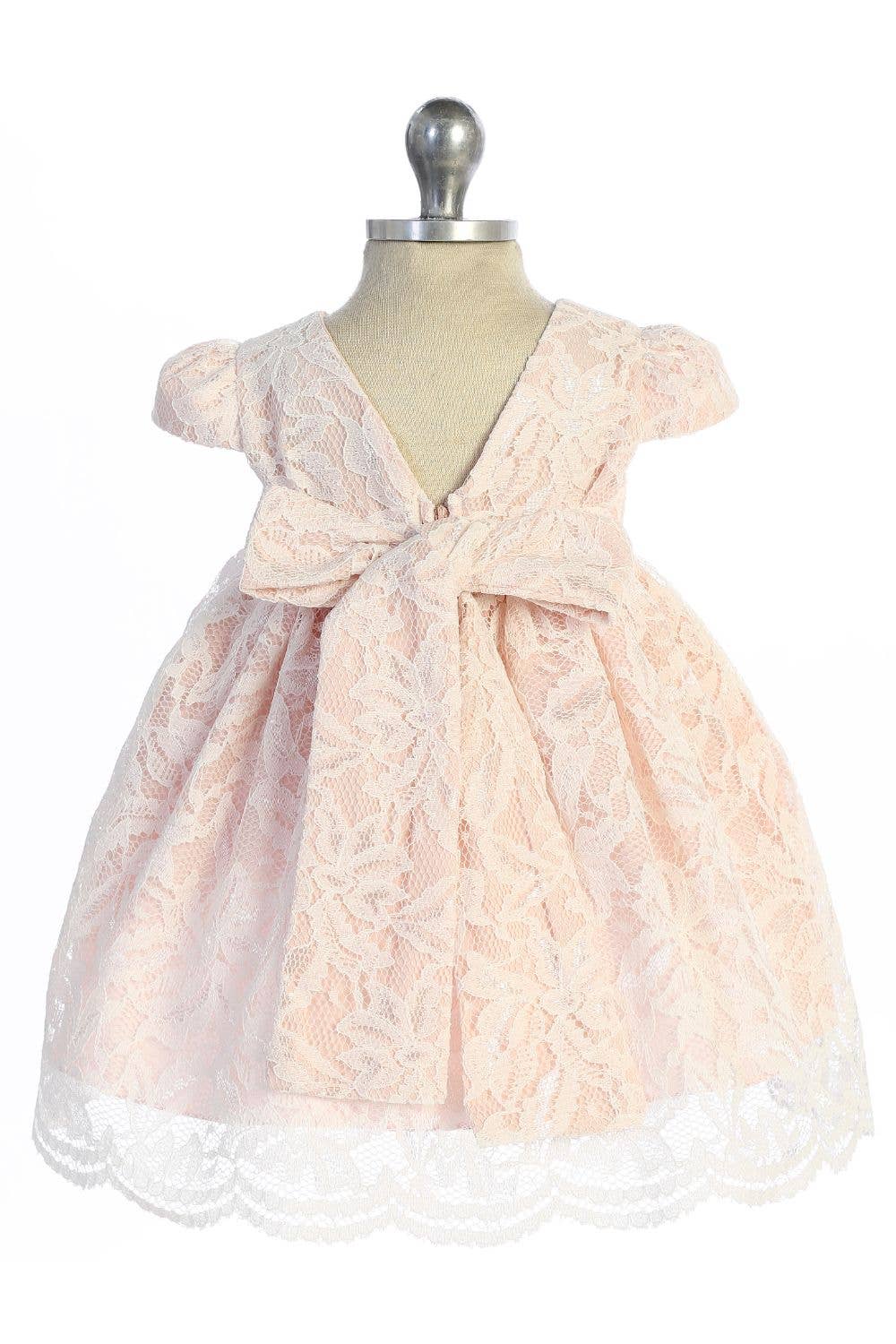 Kid's Dream - Wholesale Dress - Baby - Lace V Back Bow Baby Dress w/ Thick Pearl Trim2
