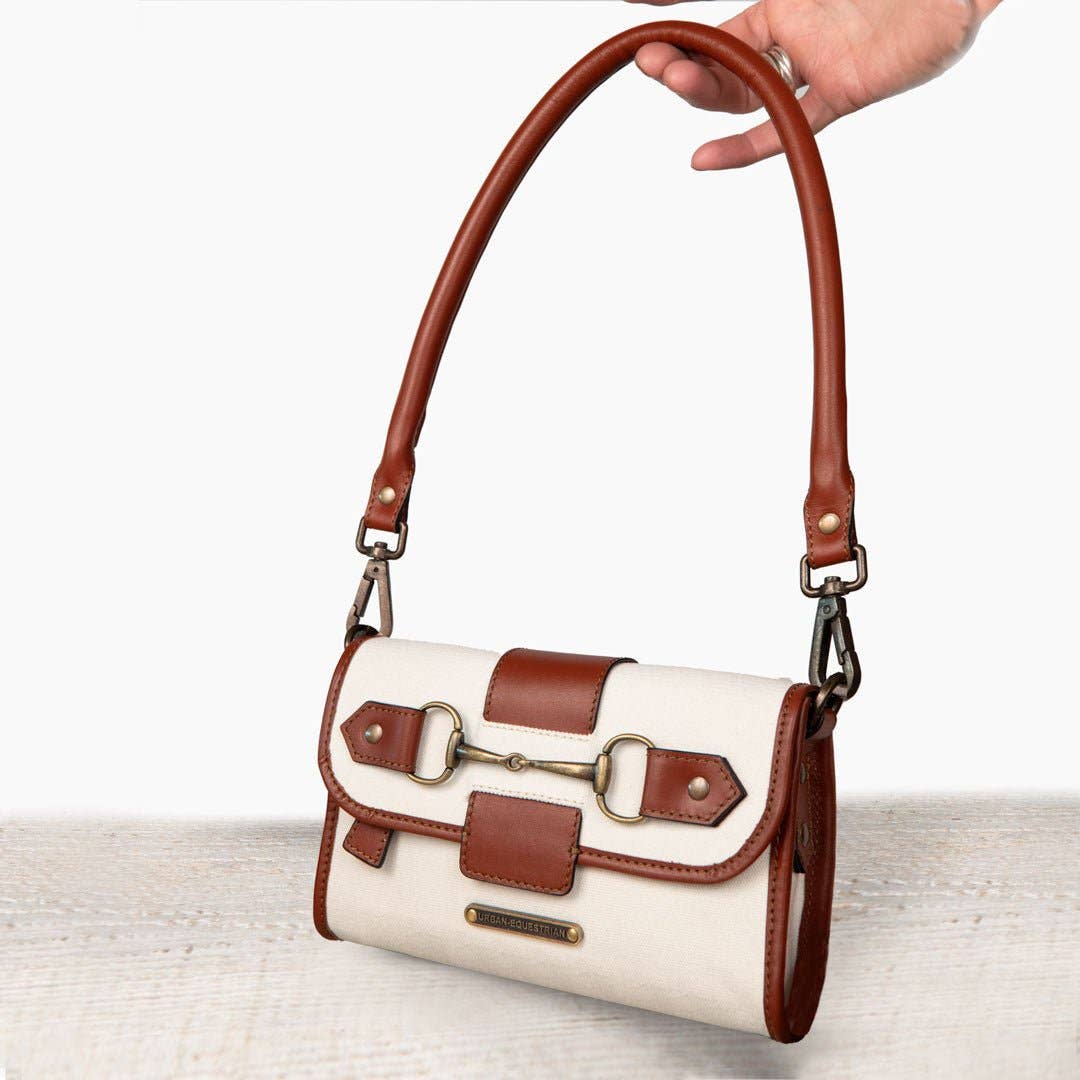 URBAN-EQUESTRIAN - Wholesale Crossbody Bag - Women's - Dalton - Horse Bit Crossbody Luxury Leather Handbag in Cognac on Ivory9