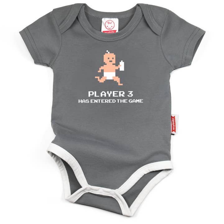 Player 3 Gamer Bodysuit | Funny Baby Clothing | Grey for wholesale by Wry Baby