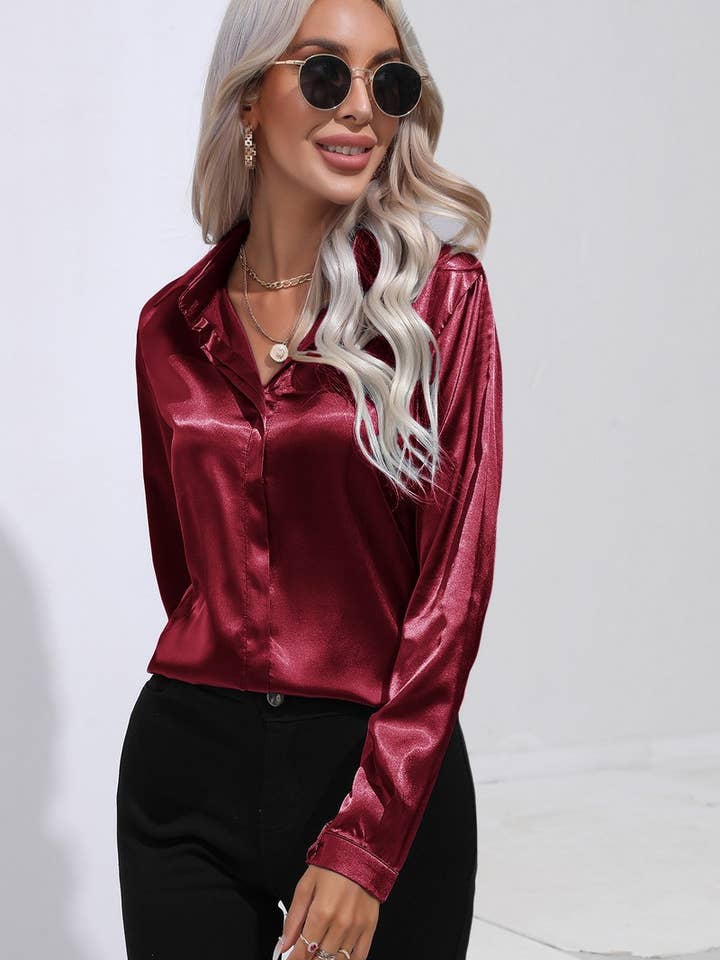 NINEXIS - Wholesale Button Down Shirt - Women's - CWTBLL0692_Button Down Silky Satin Long Sleeve Top14