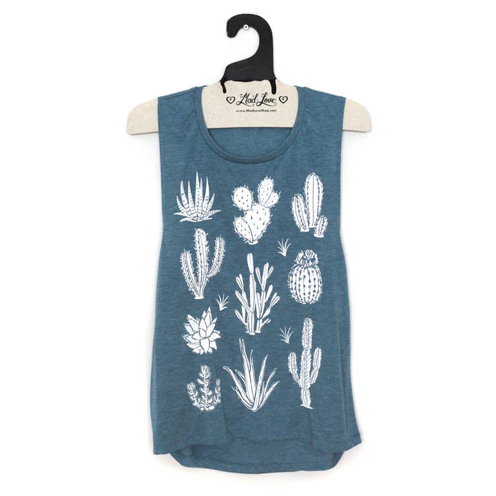 Denim Blue Muscle Tank with Cactus Print for wholesale by Mad Love Shop