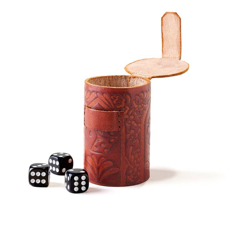 Matr Boomie Fair Trade - Wholesale Dice - Leather Dice Cup Set - 6 Dice, Hand Tooled