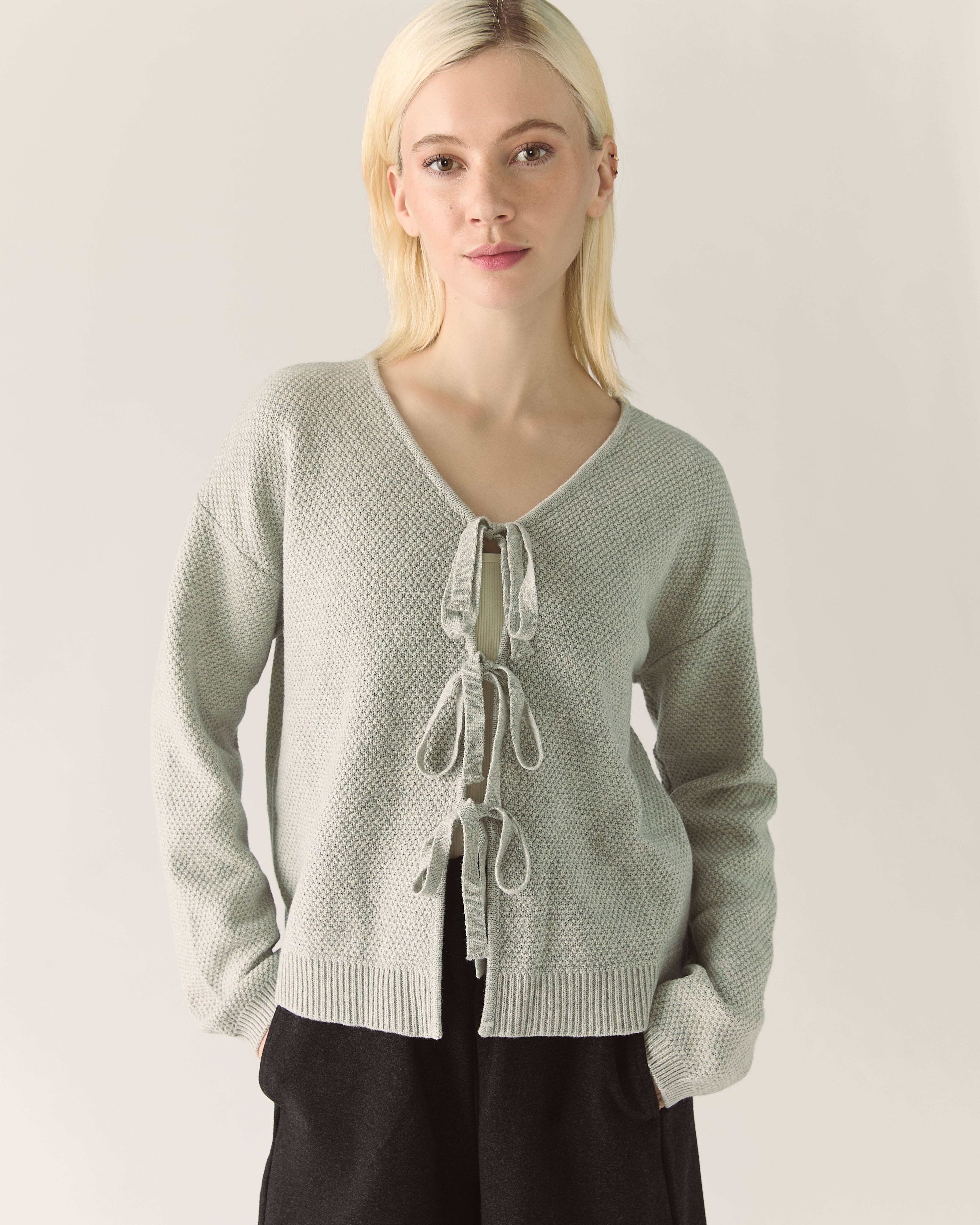 Rachel - Wholesale Cardigan - Women's - Bow Merino Cardigan in Grey0