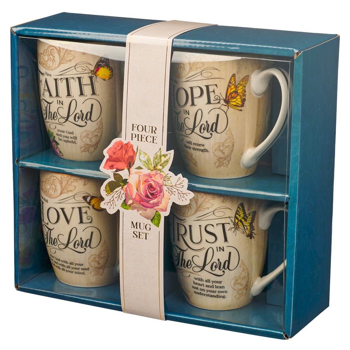 Christian Art Gifts - Vente Tasse à café - Ensemble de 4 tasses Hope, Trust, Faith, Love Floral1