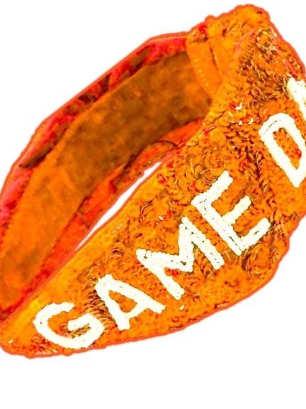 Orange Sequin Football Headband for College Game Day for wholesale by Social Grace & Company