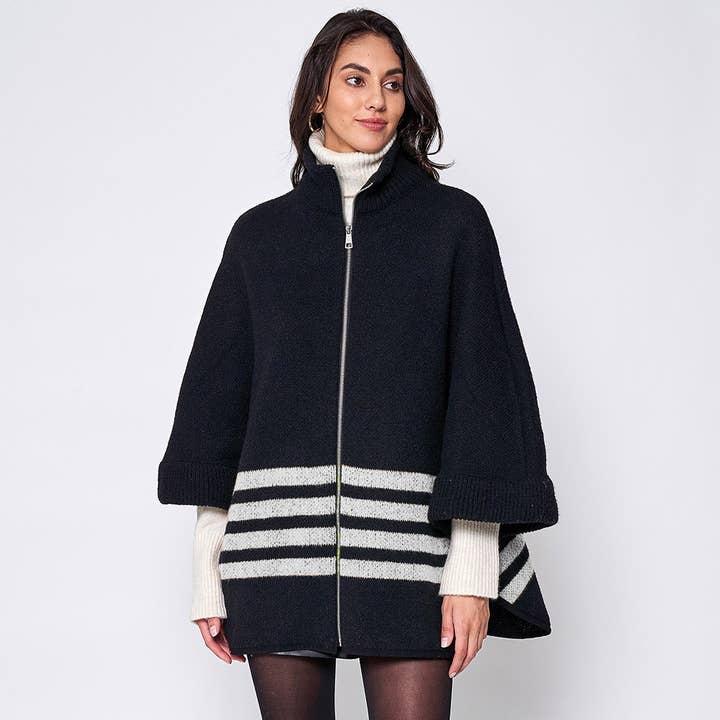 Sensibling Corp. - Wholesale Poncho - Women's - Sporty Bordered Zip Up Knit Cape Poncho