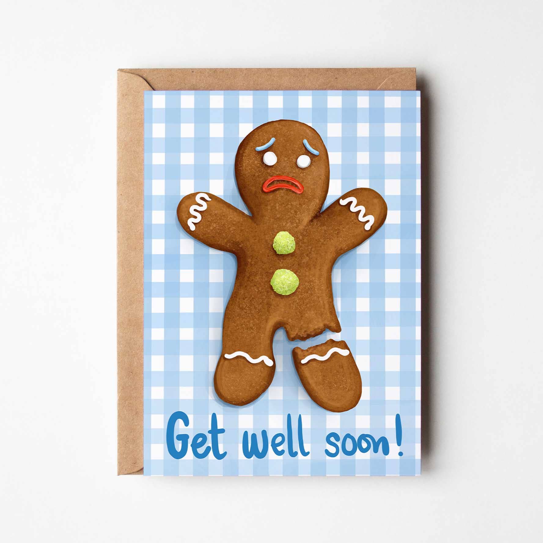Katie Tinkler illustration - Wholesale Get Well Card - Get Well Soon Cute Gingerbread Gingham Greeting Card