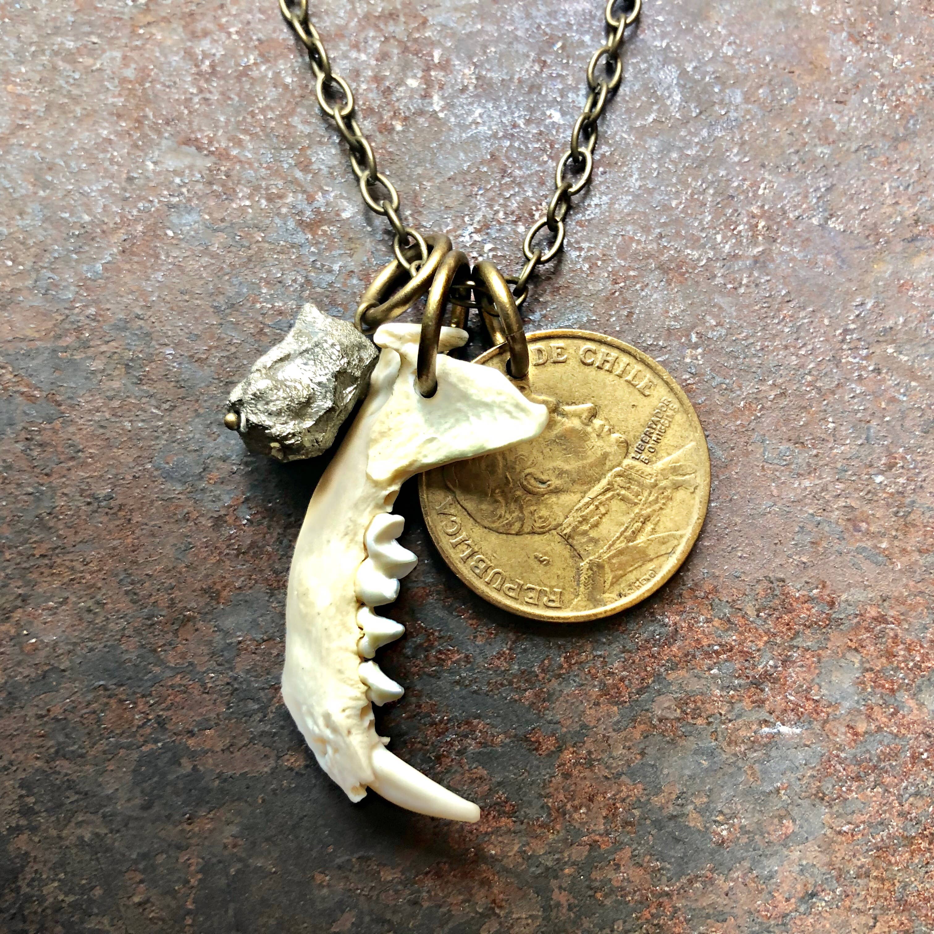 ASTALI - Wholesale Pendant/Charm Necklace - Jawbone & Fool's Gold Necklace, Real Weasel Bone & Pyrite4