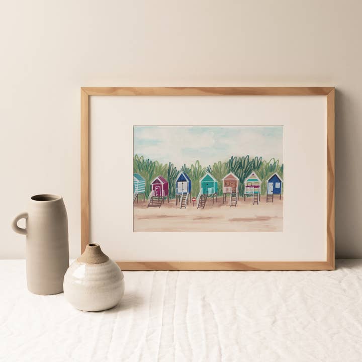Beach Huts at Wells-next-the-Sea, Norfolk - A4 Art Print for wholesale by Joy Jen Studio