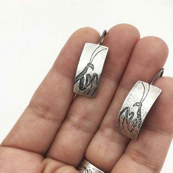 Handmade Sterling Silver Praying Mantis Insect Dangle Earrings for wholesale by Metal Cloth & Wood
