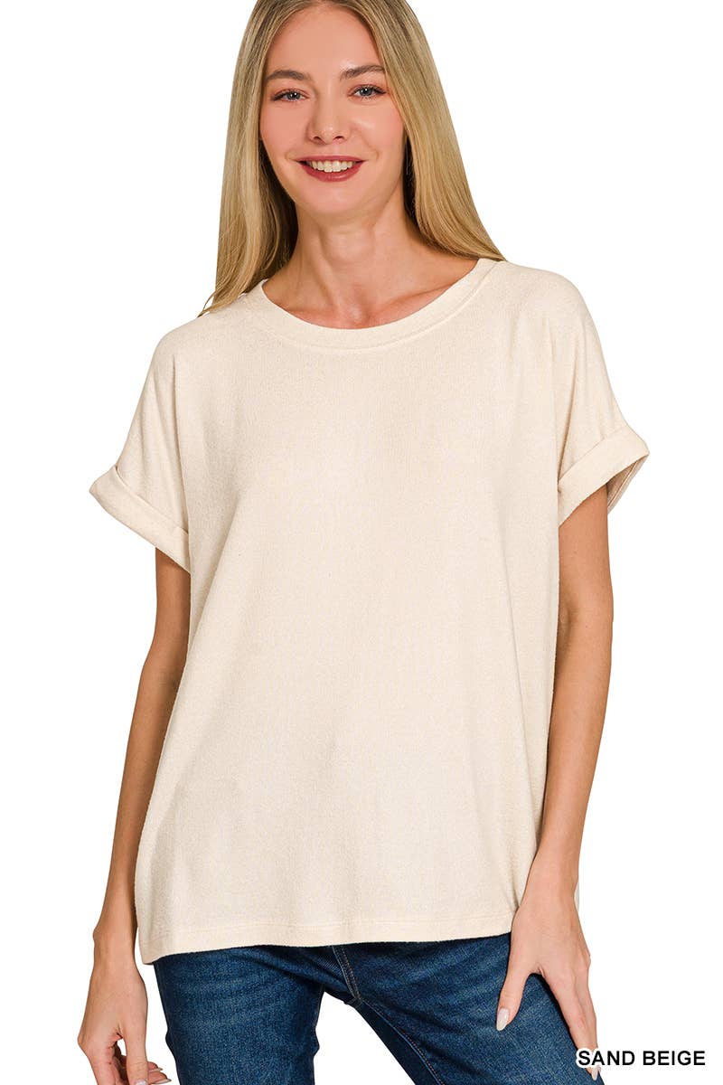 42POPS - Wholesale Knit Top - Women's - `.Soft Melange Folded Sleeve Round Neck Top15