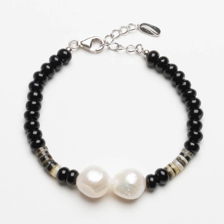 Zwart agaat armband met parels en schelp in sterling zilver voor wholesale door Naturagems
