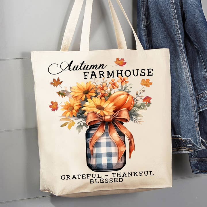 Borsa a tracolla Autumn Farmhouse Grateful Bless in tela per la vendita all'ingrosso da parte di Avery Lane Gifts