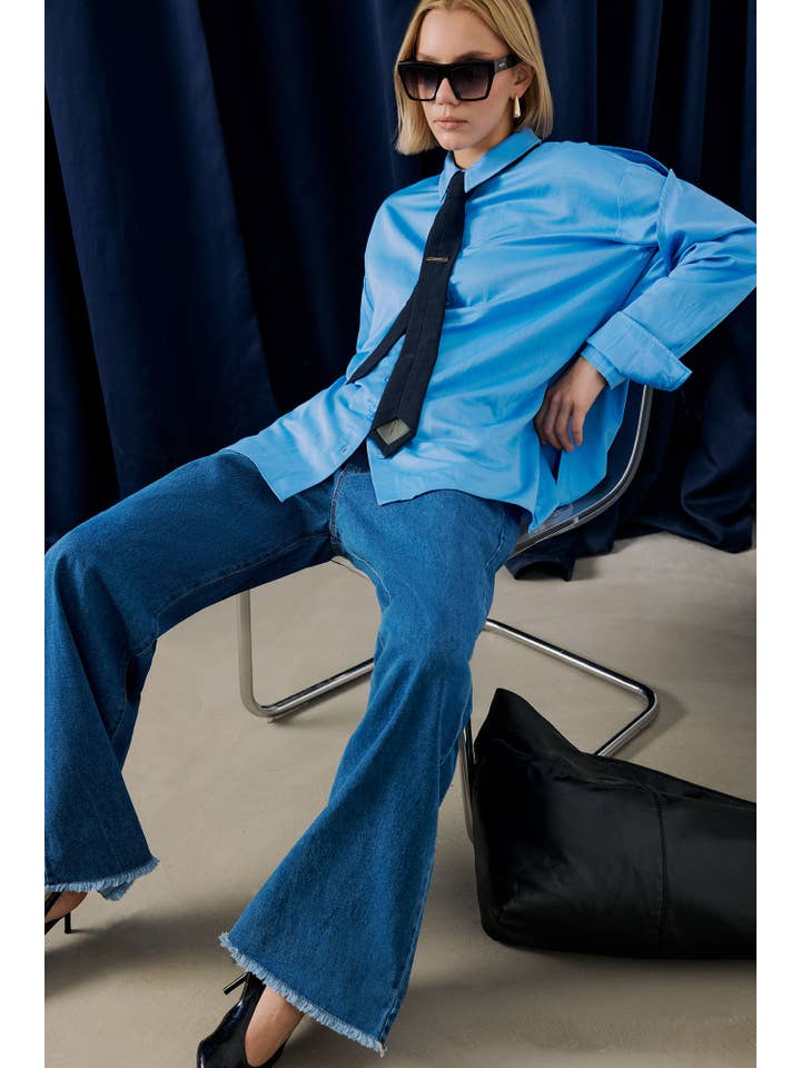 Blue Wide-Leg Frayed Hem Elastic Waist Denim Trousers for wholesale on Faire1