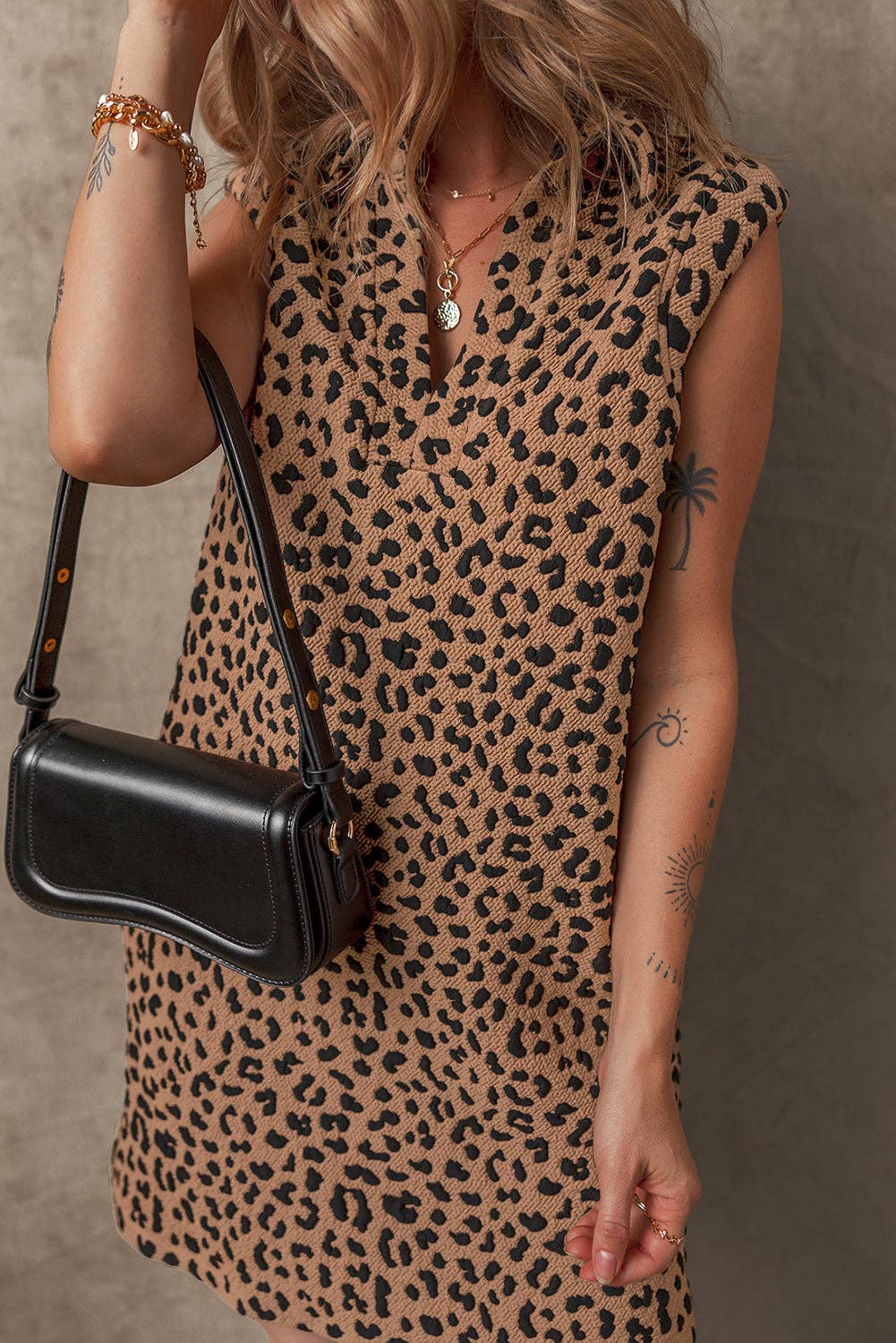 Khaki Leopard Print V Neck Sleeveless Collared Mini Dress for wholesale on Faire2