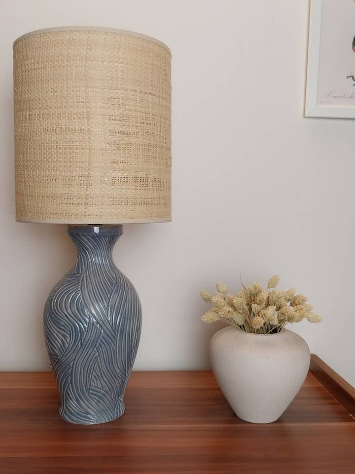 Blue handcarved ceramic table lamp with Raffia fabric shade for wholesale by Enoceramics