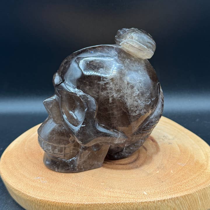 The 7 Directions - Wholesale Spiritual Stone/Crystal - 3.9 lb Unique Smoky skull w/ snake carving H362