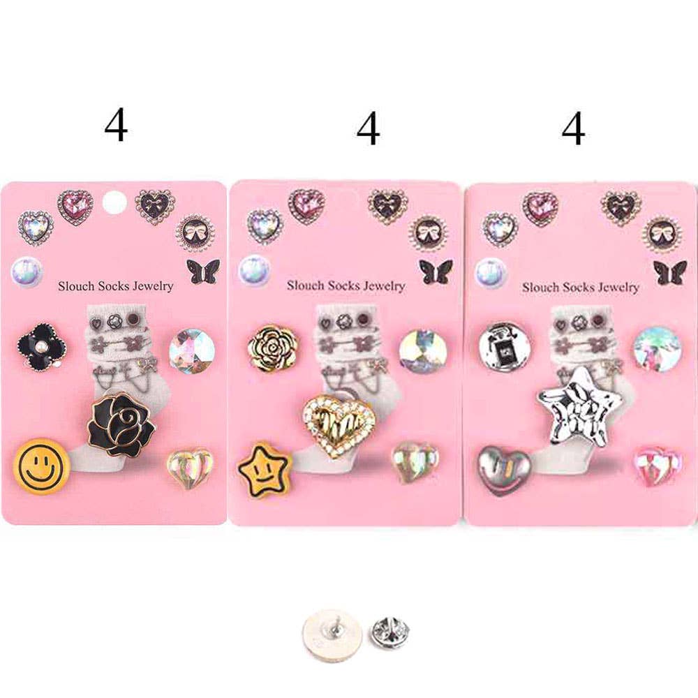 Sensibling Corp. – wholesale Socks – Women's – 12 SET OF 5 - Herat Star Flower Smile Face Pin  Socks Charms2