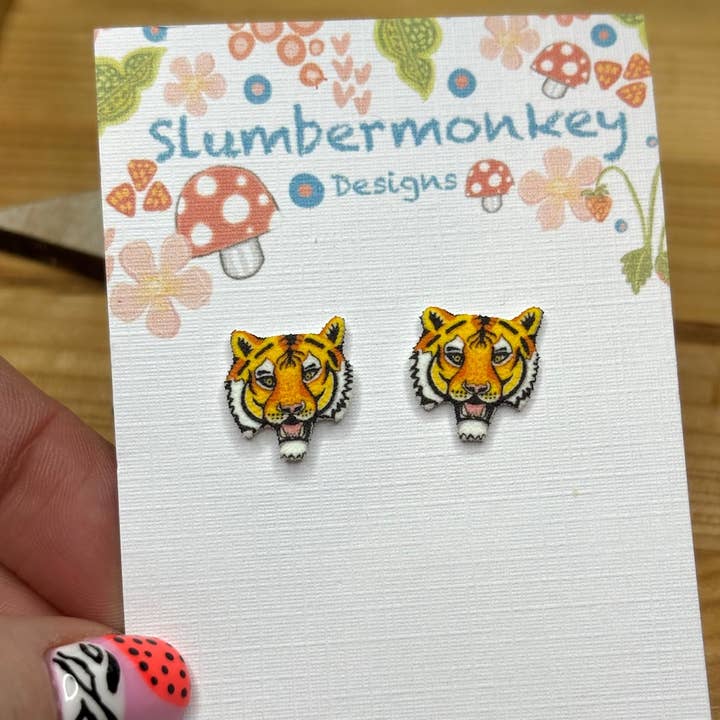 Tiger Stud Earrings, Illustrated Shrink Plastic Studs. for wholesale by Slumbermonkey Designs
