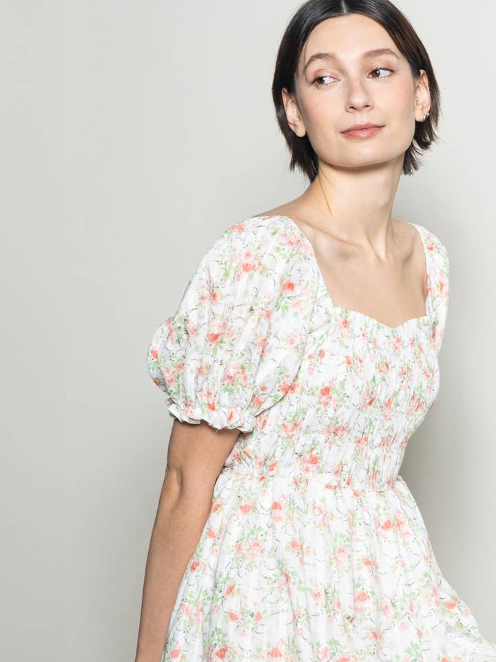 Puff Sleeve Sweetheart Wide Flare TENCEL Floral Midi Dress for wholesale by Elloh Collection