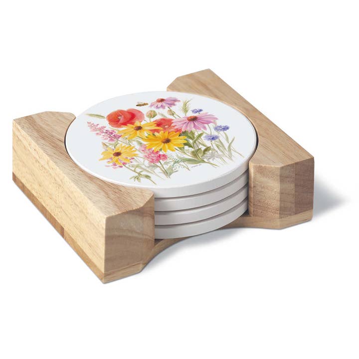 Wildflowers Round Stone Coasters w/Wooden Coaster Holder for wholesale by Conimar Promotions