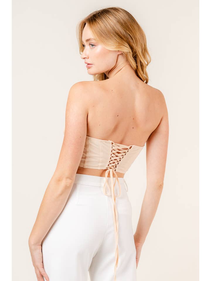 PESCA TOP CORTO A BUSTIER CON LACCI SUL RETRO, CORSETTO A CONCHIGLIA PLISSETTATA, TI4297FO in vendita all'ingrosso su Faire3