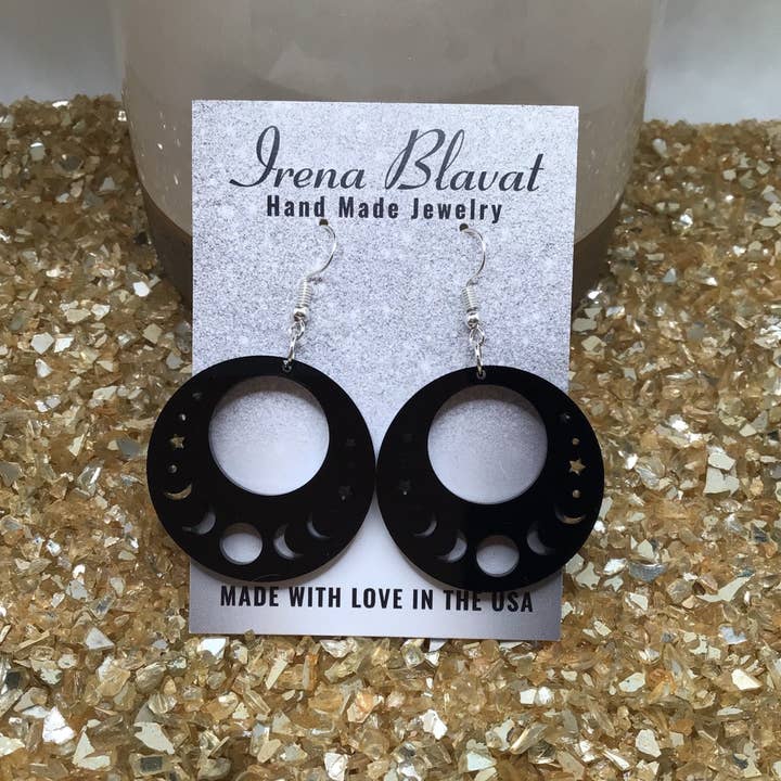 Witchy Moon Phase Acrylic Laser Cut Earrings for wholesale by Irena Blavat Designs