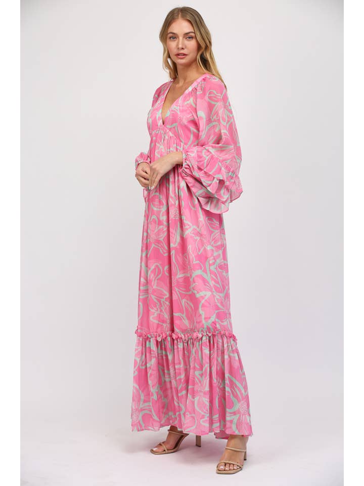PINK MULTI DEEP V-NECK WITH RUFFLED LONG SLEEVE MAXI DRESS FD31036 for wholesale on Faire