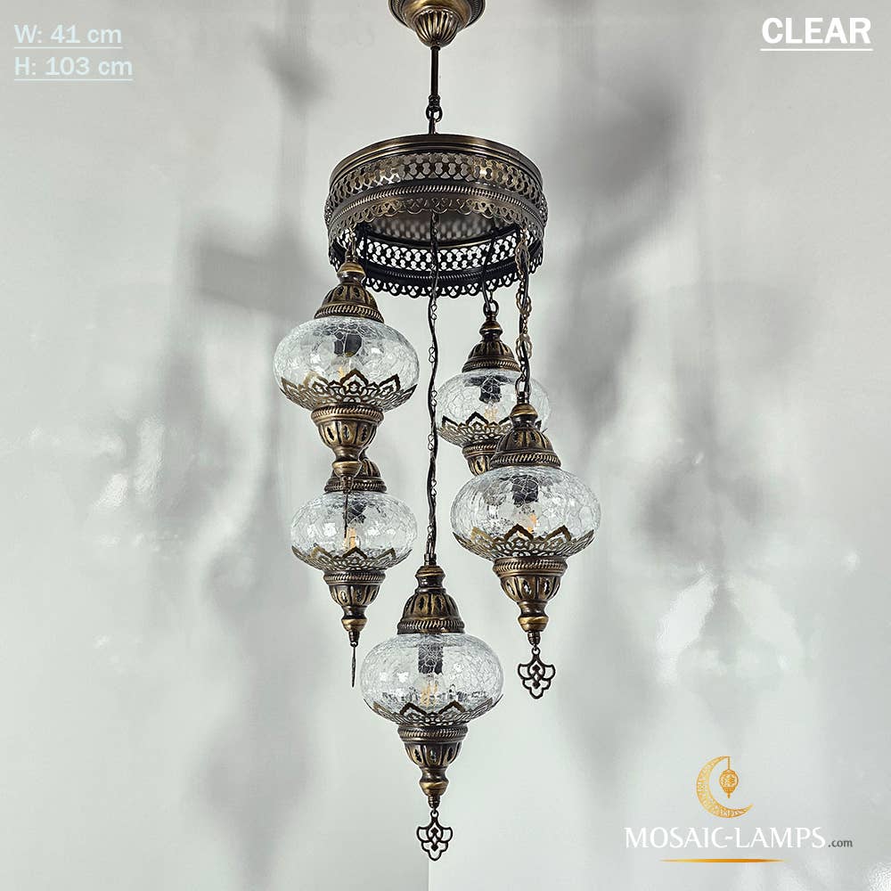 Mosaic Lamps – wholesale Chandelier/hanging light – Clear Cracked Ottoman Chandelier, 5 Globe Moroccan Chandelie1