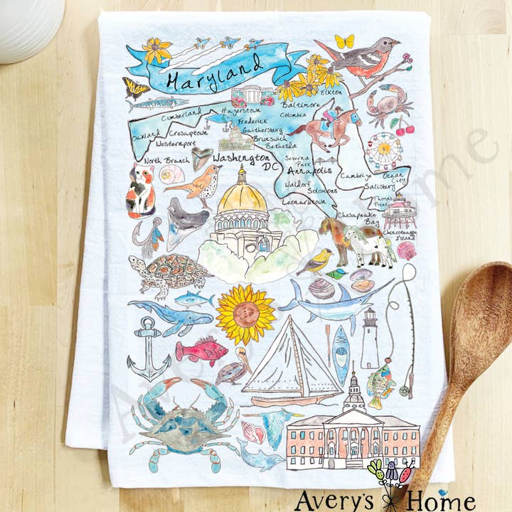 Maryland State Souvenir & Landmarks Map Tea Towel for wholesale by Avery's Home