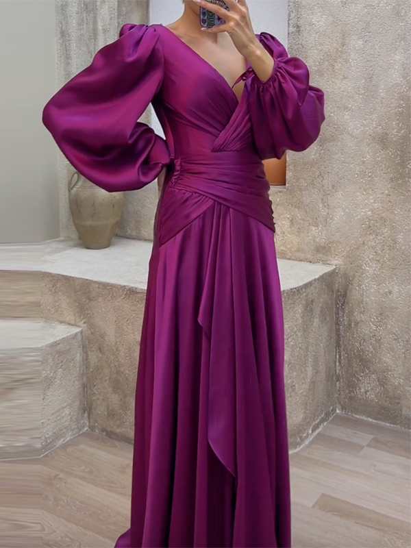 FurDecoration - Wholesale Gown - Women's - Look-Thin Pleated Solid Color V-Cut Long Sleeves Maxi Dresses11