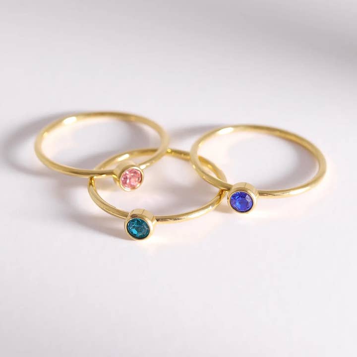 WJW – wholesale Single stone/solitaire ring – 18K Gold PVD Stainless Steel Birthstone Stacking Ring0