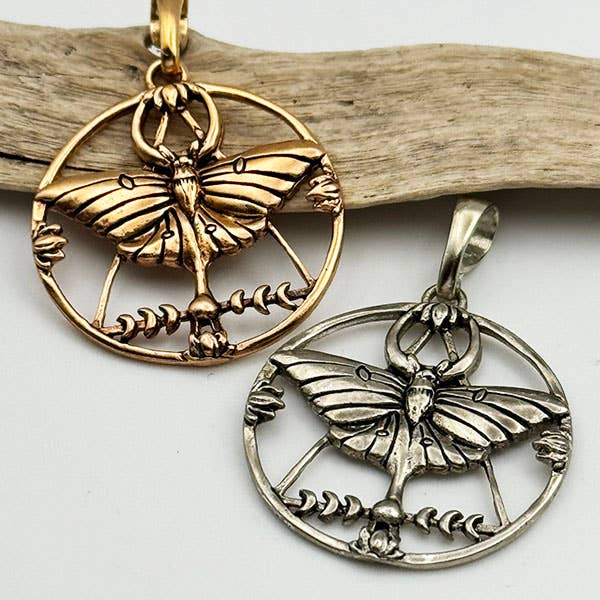 Bronze "Moth Magic", Lunar Moth Pendant for wholesale by Goddess Design Studio