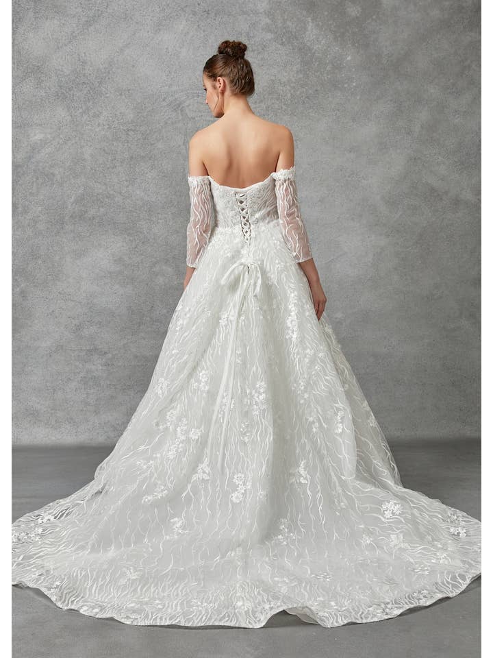 GEWEICHT Hochzeitskleid mit langen Ärmeln und schulterfreiem A-Linien-Schnitt für den Großhandel auf Faire3