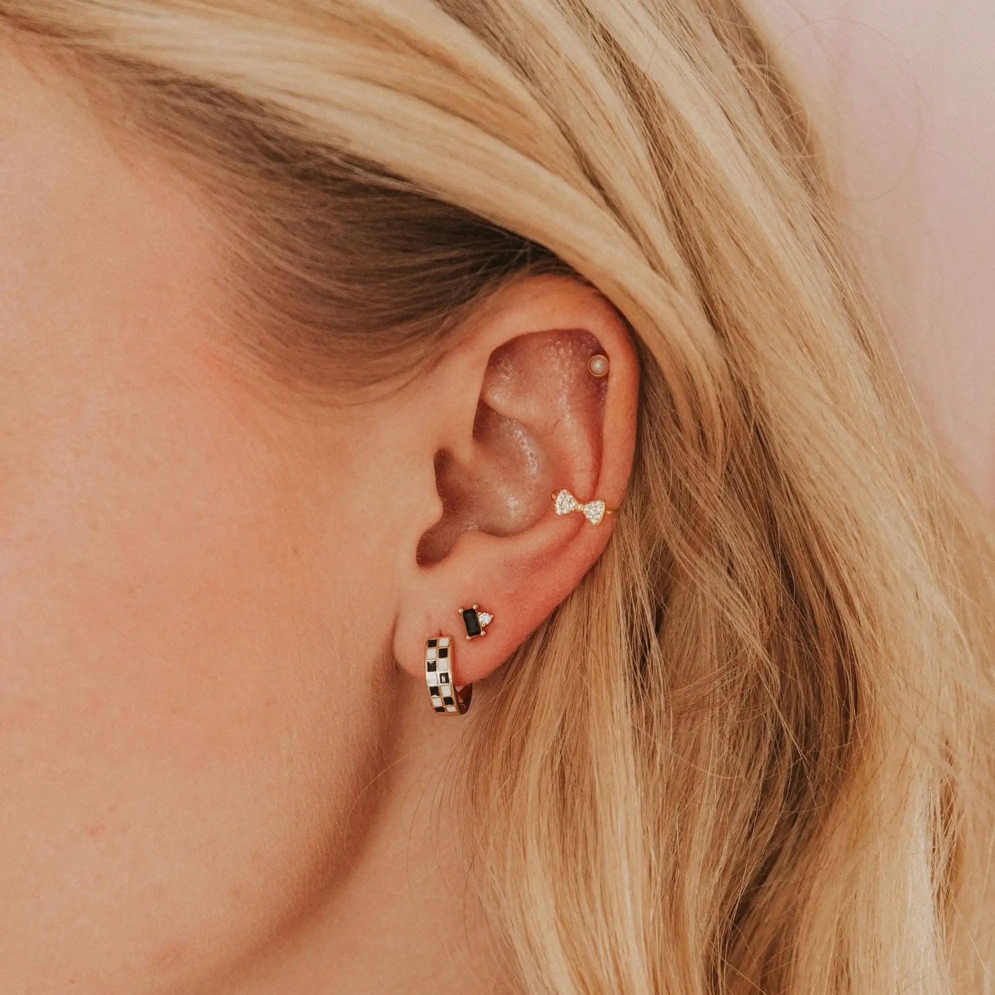 Mauve Jewelry Co. - Wholesale Huggie Earrings - Black & White Checkered Hoops4